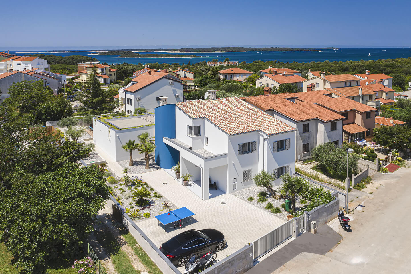 Aerial view of the villa from the front