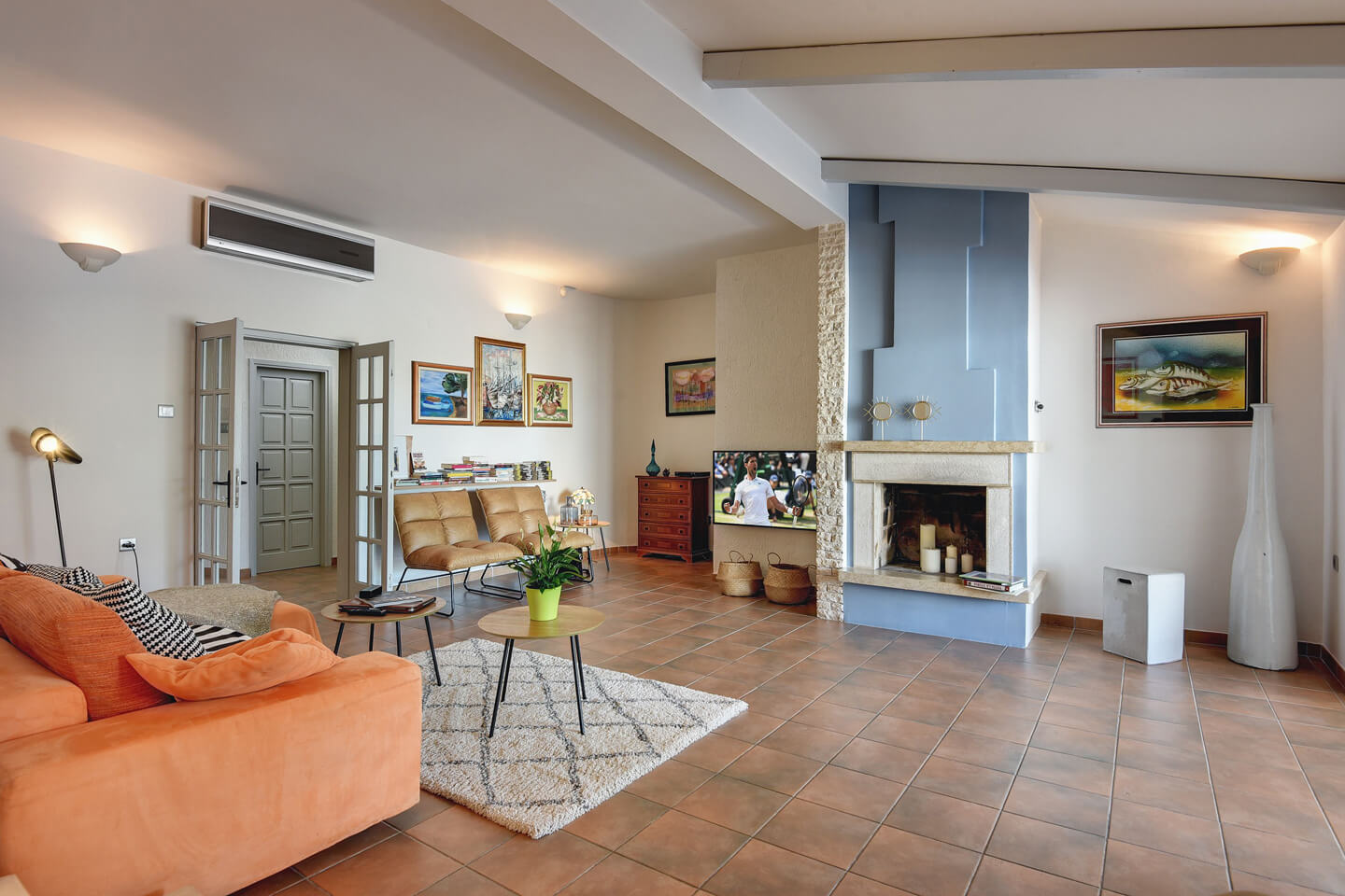 Indoor living room with fireplace