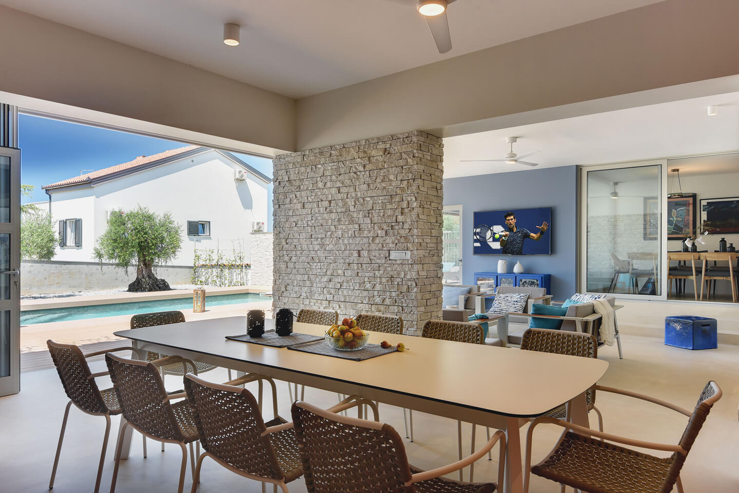 Open air dining area leads to the sun terrace