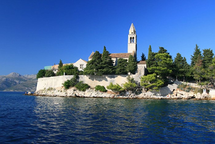 Lopud church at entrance to the harbour