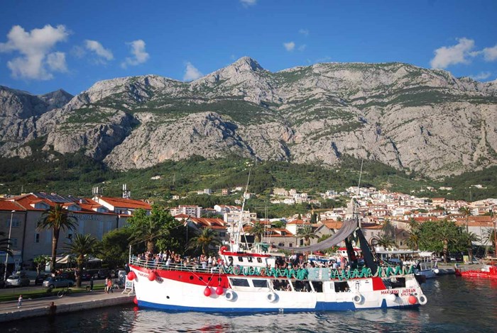 Makarska harbour and mountain backdrop