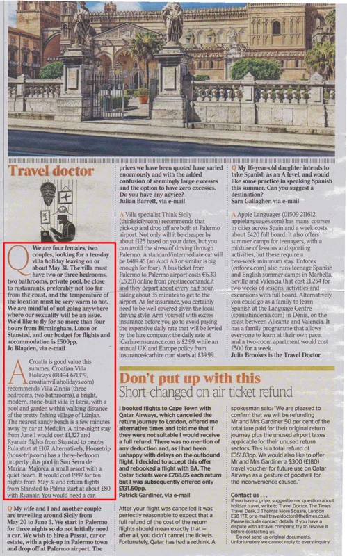 The Times newspaper travel doctor 05-04-2014